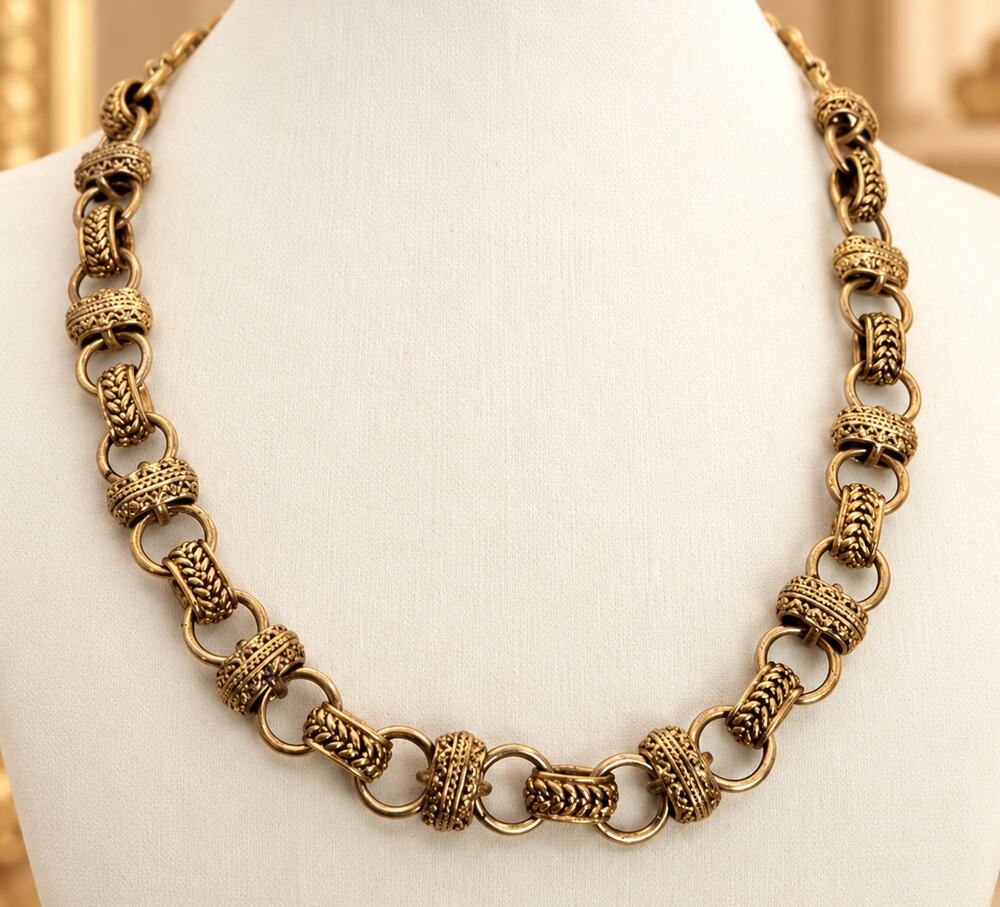 Vintage 1990s Antiqued Gold Tone Collar Necklace Woven Etruscan Revival 15"